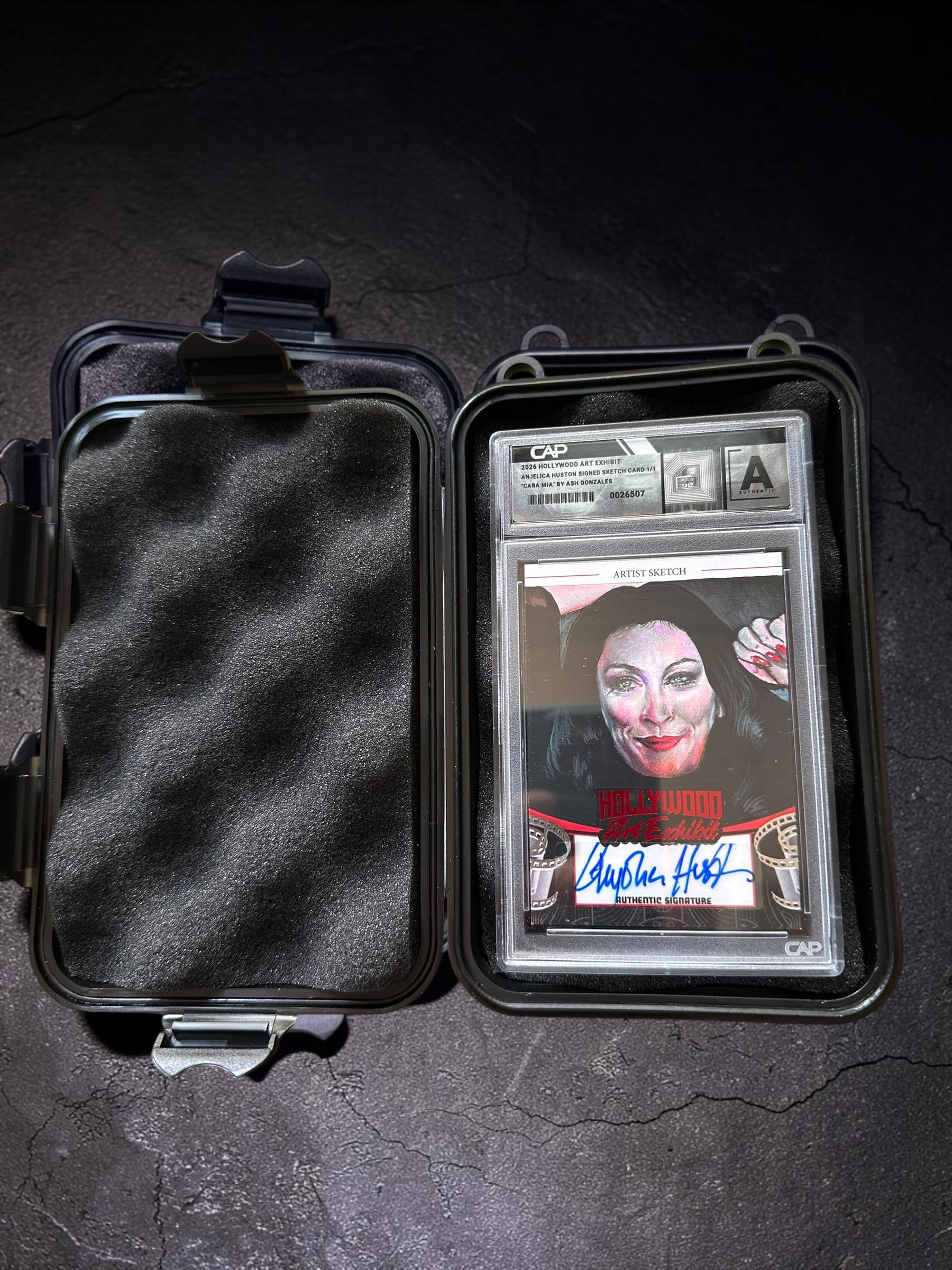 2026 Hollywood Art Exhibit Anjelica Huston Signed Sketch Card 1/1 - Art by Ash Gonzales